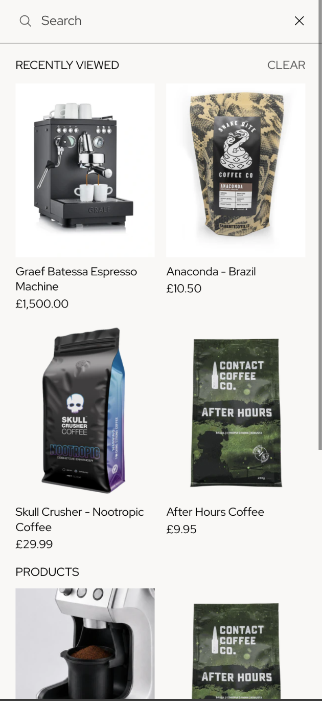 The Coffee Collective mobile search with recently viewed products